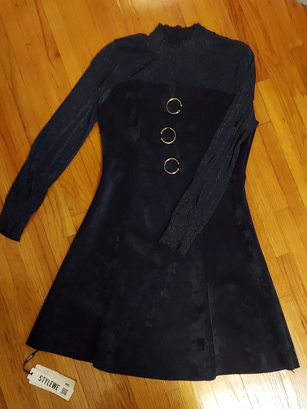 STYLEWE Navy Blue Mixed Media Long-Sleeve A-Line Dress with Silver Ring Accents